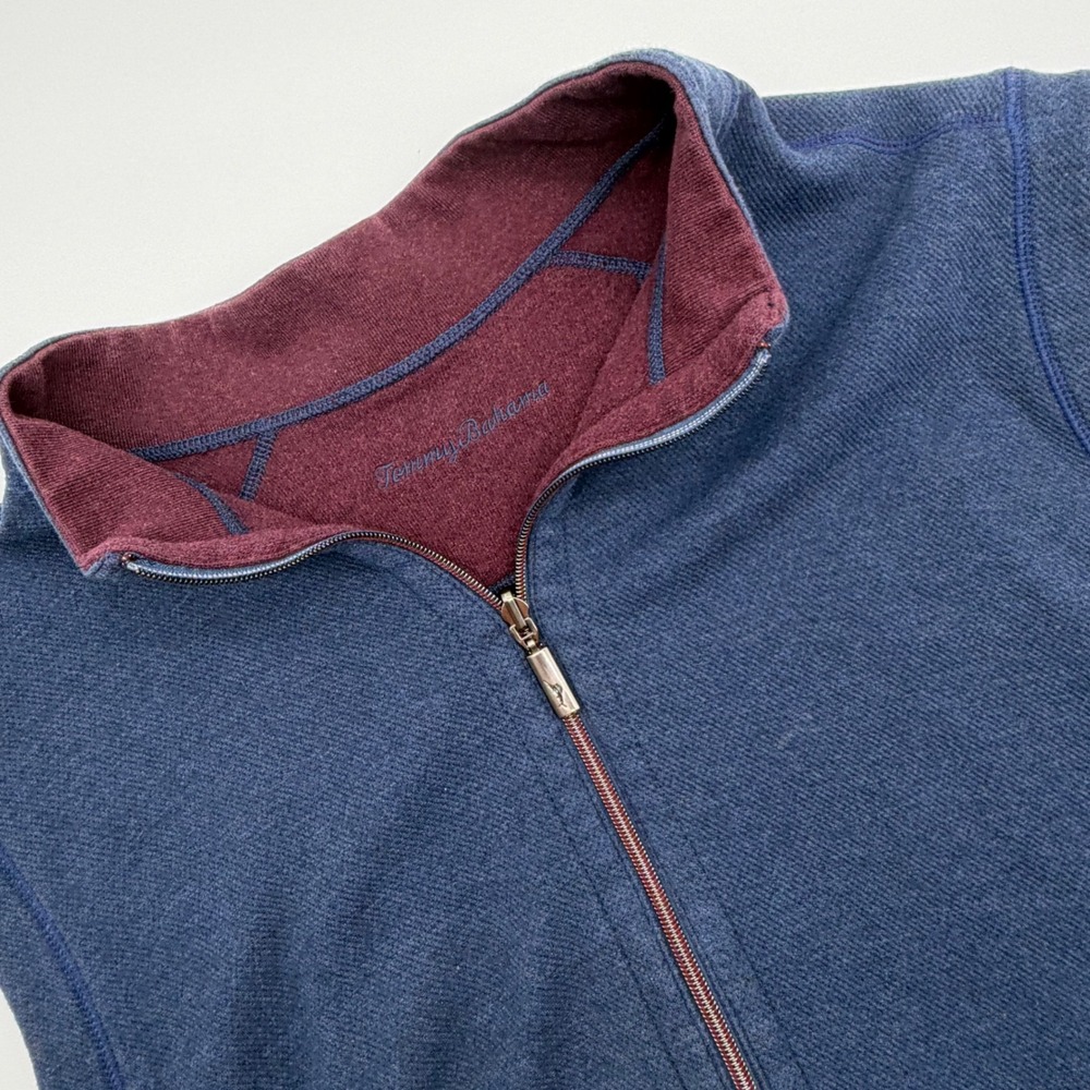Tommy Bahama Mens‎ Reversible Full Zip Golf Vest Blue Burgundy Textured Fleece